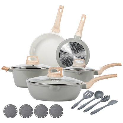 FDN 16-Piece Aesthetic Cookware Collection - Non-Toxic PFAS-Free Titanium Ceramic Granite Pots and Pans Set, Easy-Clean, Oven & Dishwasher Safe, Induction-Ready with 10" Fry Pan, Glass Lids, and Kitchen Utensils