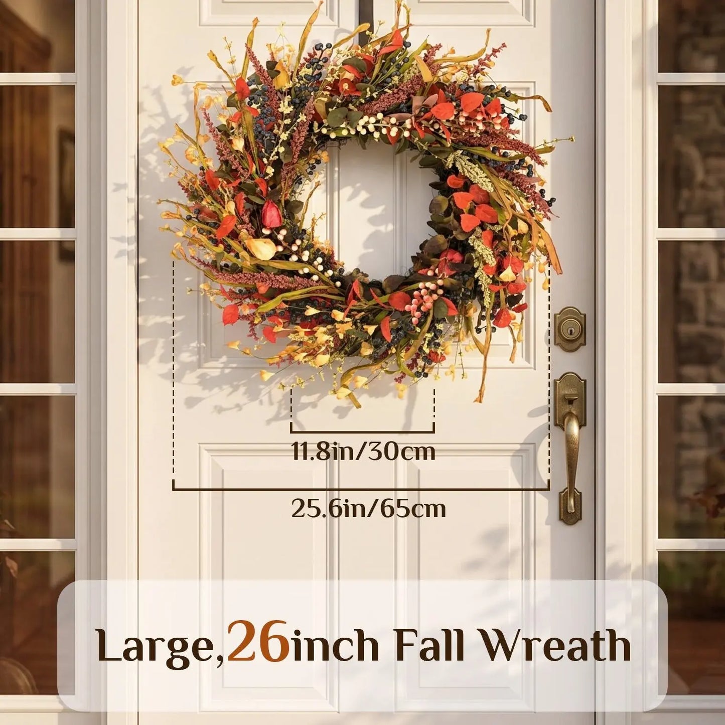 26-In round Thanksgiving Fall Wreath with Hook Included, Berries & Leaves Decor for Home Porch Wall (Fall Decor for Home), Room Decor