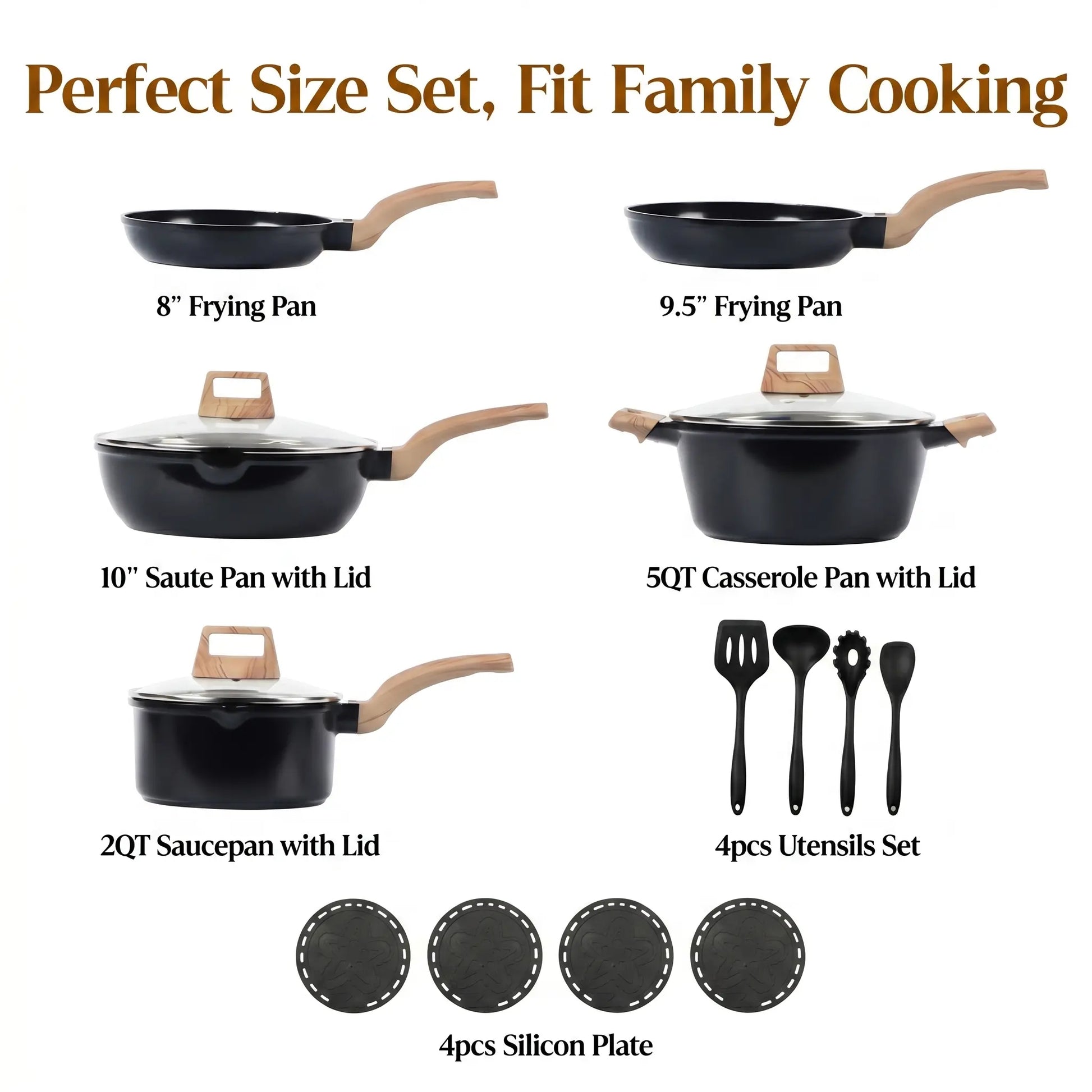 FDN 16-Piece Aesthetic Cookware Collection - Non-Toxic PFAS-Free Titanium Ceramic Granite Pots and Pans Set, Easy-Clean, Oven & Dishwasher Safe, Induction-Ready with 10" Fry Pan, Glass Lids, and Kitchen Utensils