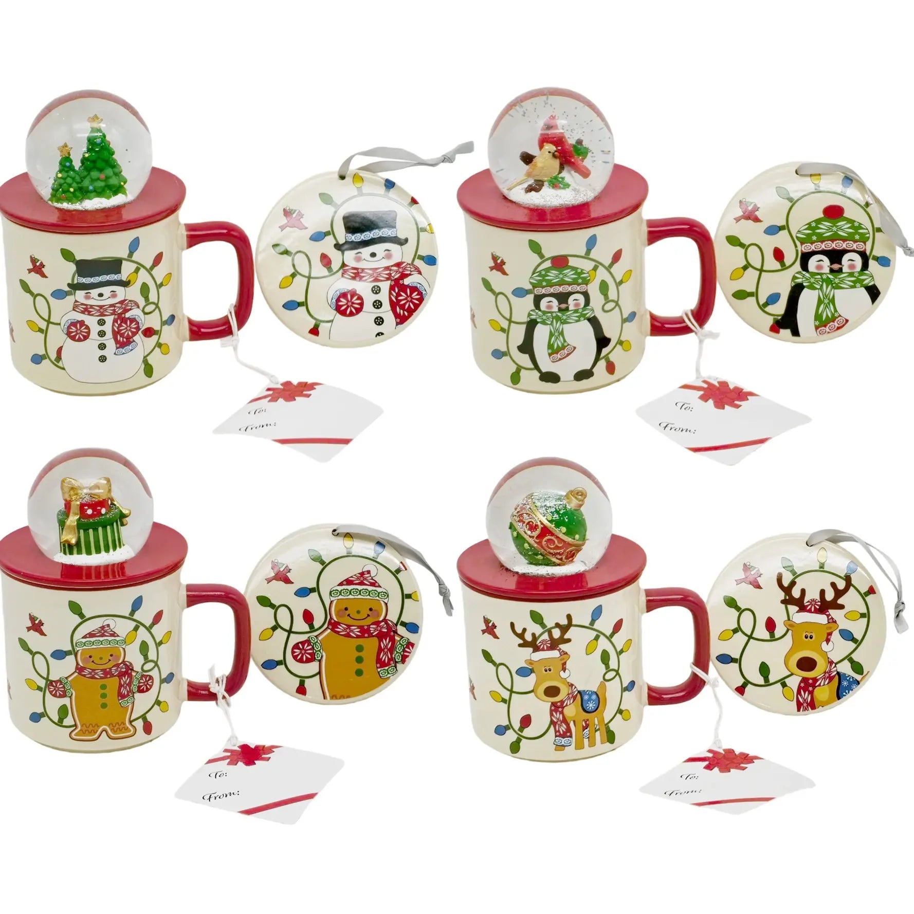 Temp-Tations Set of Four 18 oz Mugs with Snow Globe Topper and Lid