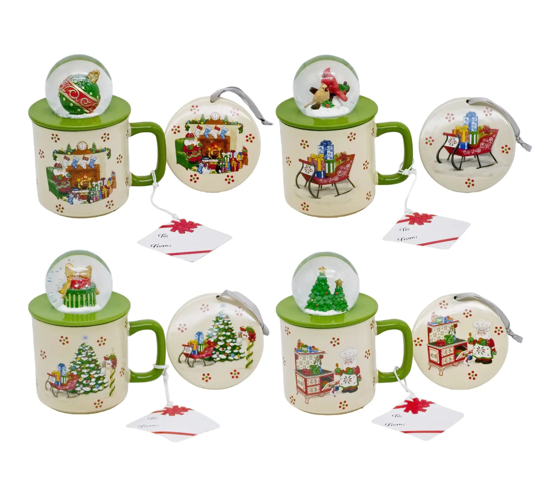 Temp-Tations Set of Four 18 oz Mugs with Snow Globe Topper and Lid