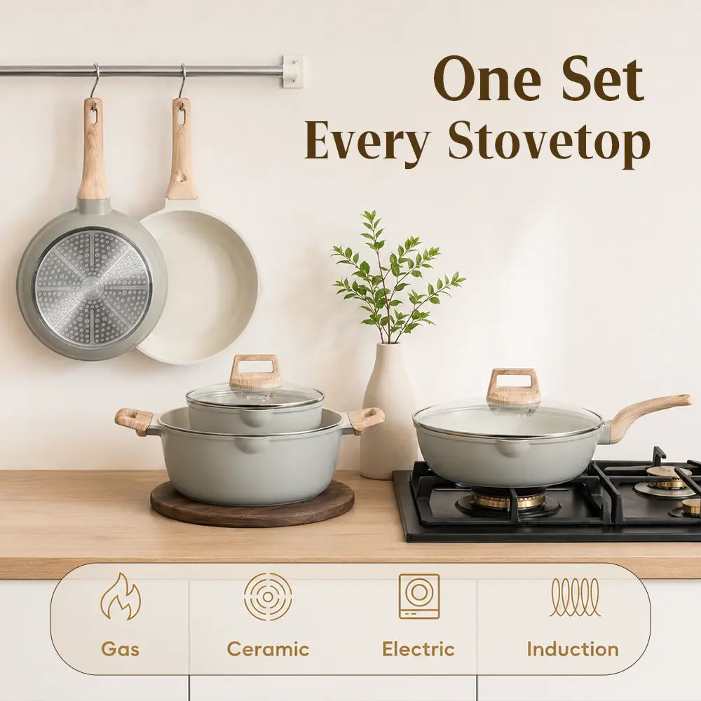 FDN 16-Piece Aesthetic Cookware Collection - Non-Toxic PFAS-Free Titanium Ceramic Granite Pots and Pans Set, Easy-Clean, Oven & Dishwasher Safe, Induction-Ready with 10" Fry Pan, Glass Lids, and Kitchen Utensils