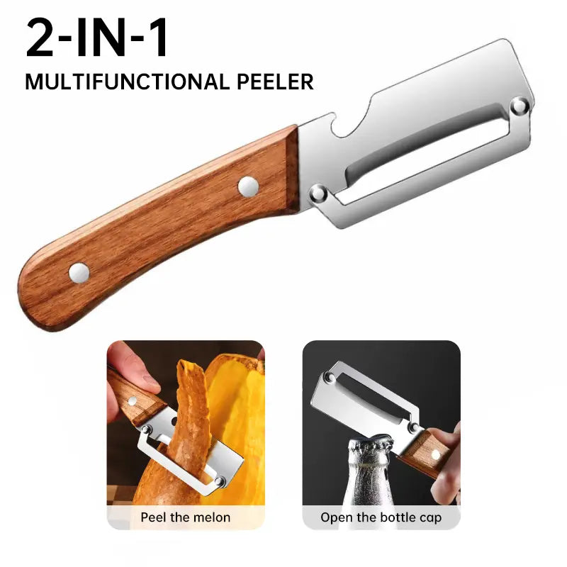 (Upgraded Thickened Version) Wood Handle Multifunction Kitchen Peeler – Peel, Slice, Scrape & Bottle Opener Tool