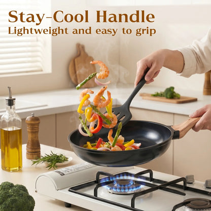 FDN 16-Piece Aesthetic Cookware Collection - Non-Toxic PFAS-Free Titanium Ceramic Granite Pots and Pans Set, Easy-Clean, Oven & Dishwasher Safe, Induction-Ready with 10" Fry Pan, Glass Lids, and Kitchen Utensils