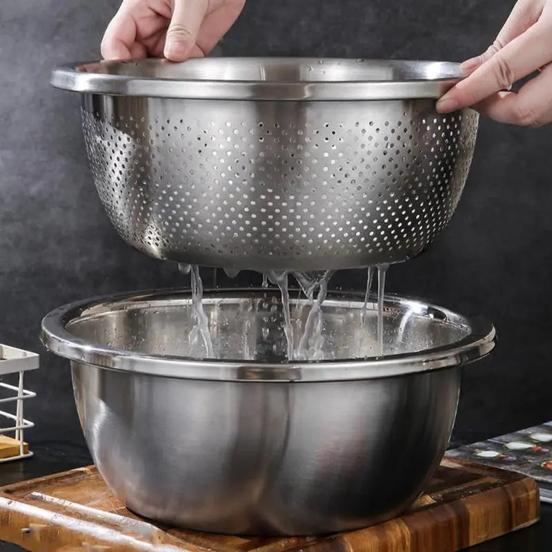 【Homeessentials】 Multifunctional Cutting Machine,3-In-1 Stainless Steel Multi-Functional Strainer Set, Includes Basin/Sieve/Cutter, Ideal for Washing Rice Fruits Vegetables Kitchen Essentials.