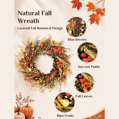 26-In round Thanksgiving Fall Wreath with Hook Included, Berries & Leaves Decor for Home Porch Wall (Fall Decor for Home), Room Decor