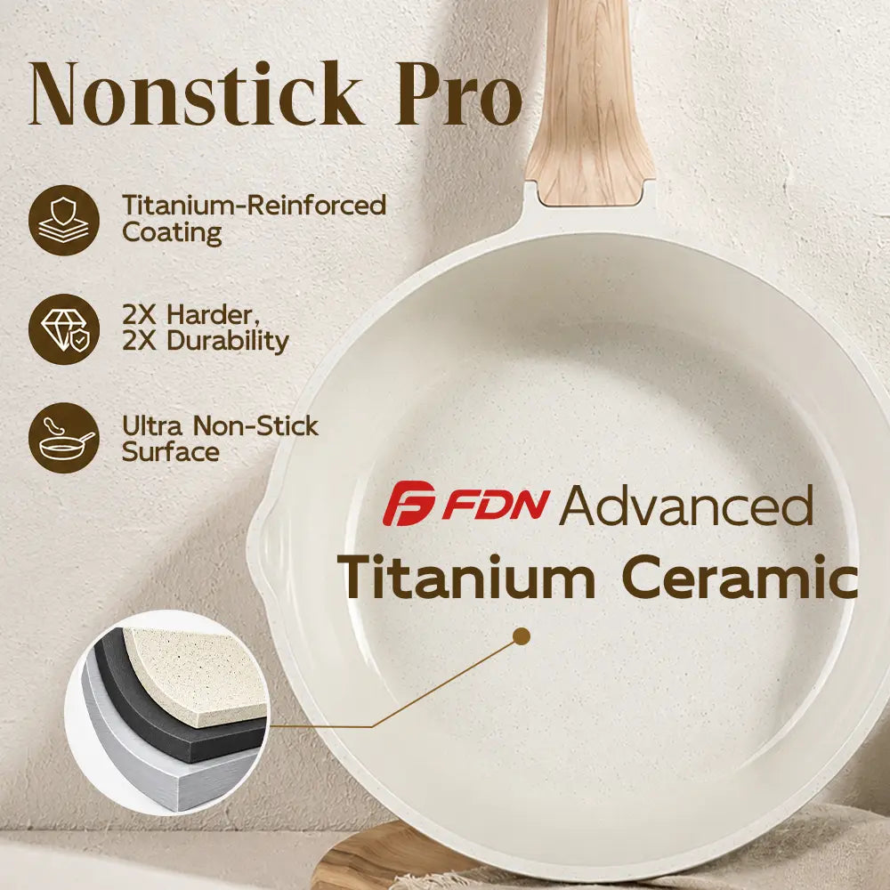 FDN 16-Piece Aesthetic Cookware Collection - Non-Toxic PFAS-Free Titanium Ceramic Granite Pots and Pans Set, Easy-Clean, Oven & Dishwasher Safe, Induction-Ready with 10" Fry Pan, Glass Lids, and Kitchen Utensils