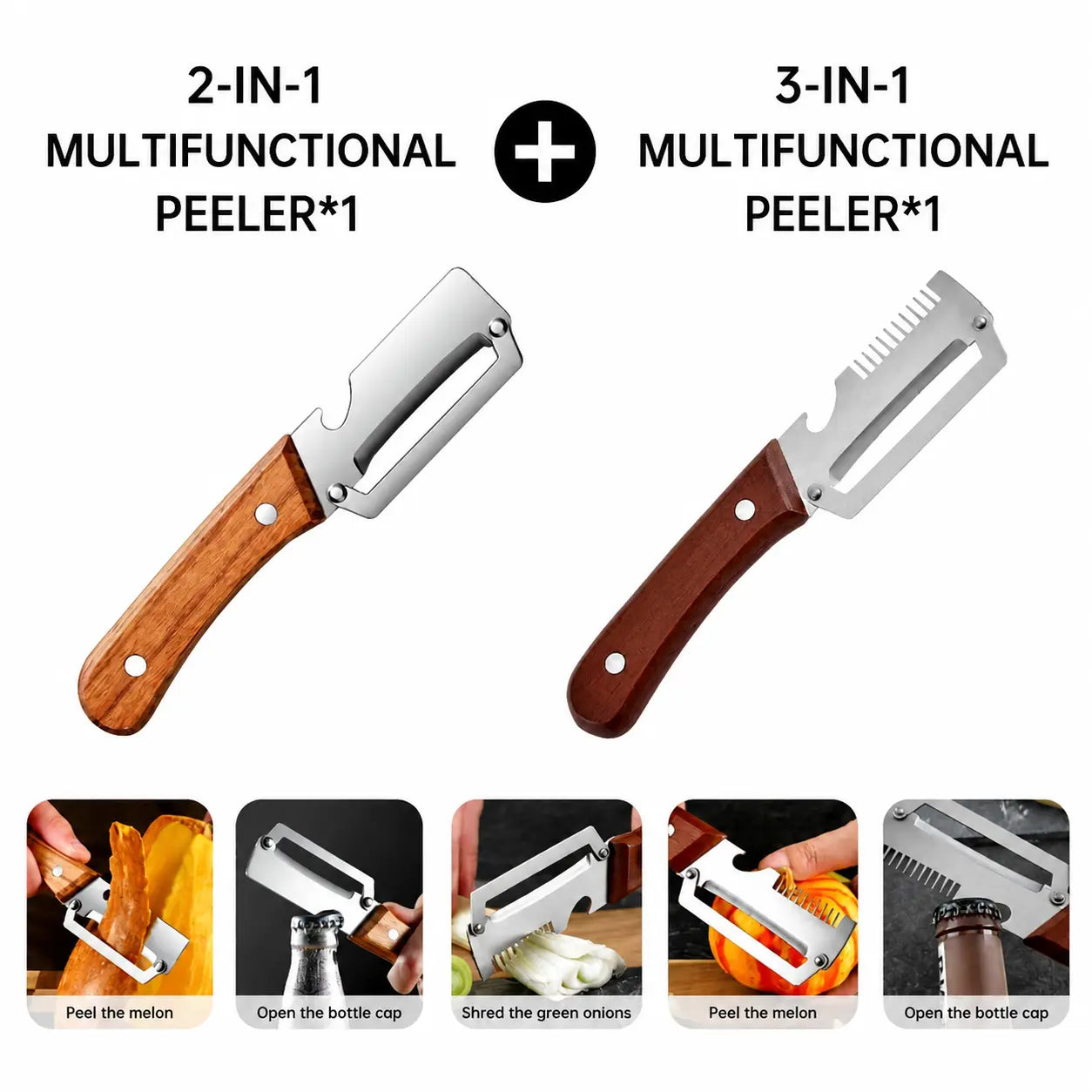 (Upgraded Thickened Version) Wood Handle Multifunction Kitchen Peeler – Peel, Slice, Scrape & Bottle Opener Tool