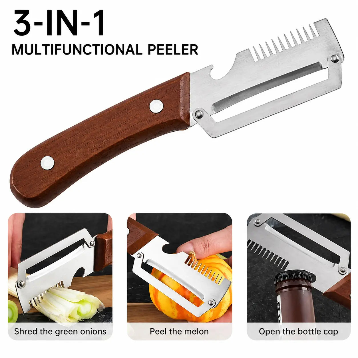 (Upgraded Thickened Version) Wood Handle Multifunction Kitchen Peeler – Peel, Slice, Scrape & Bottle Opener Tool