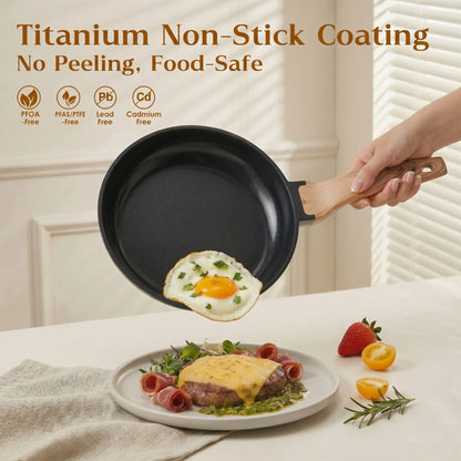 FDN 16-Piece Aesthetic Cookware Collection - Non-Toxic PFAS-Free Titanium Ceramic Granite Pots and Pans Set, Easy-Clean, Oven & Dishwasher Safe, Induction-Ready with 10" Fry Pan, Glass Lids, and Kitchen Utensils
