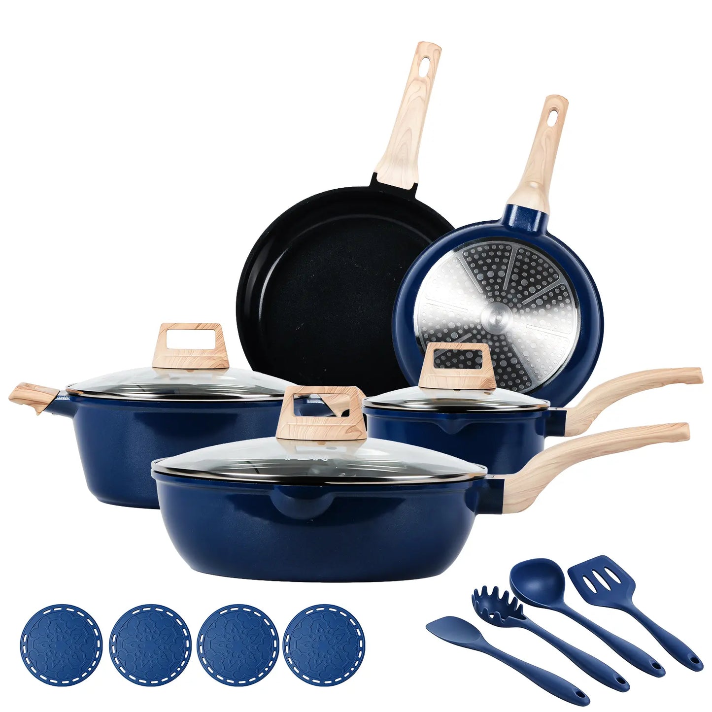 FDN 16-Piece Aesthetic Cookware Collection - Non-Toxic PFAS-Free Titanium Ceramic Granite Pots and Pans Set, Easy-Clean, Oven & Dishwasher Safe, Induction-Ready with 10" Fry Pan, Glass Lids, and Kitchen Utensils