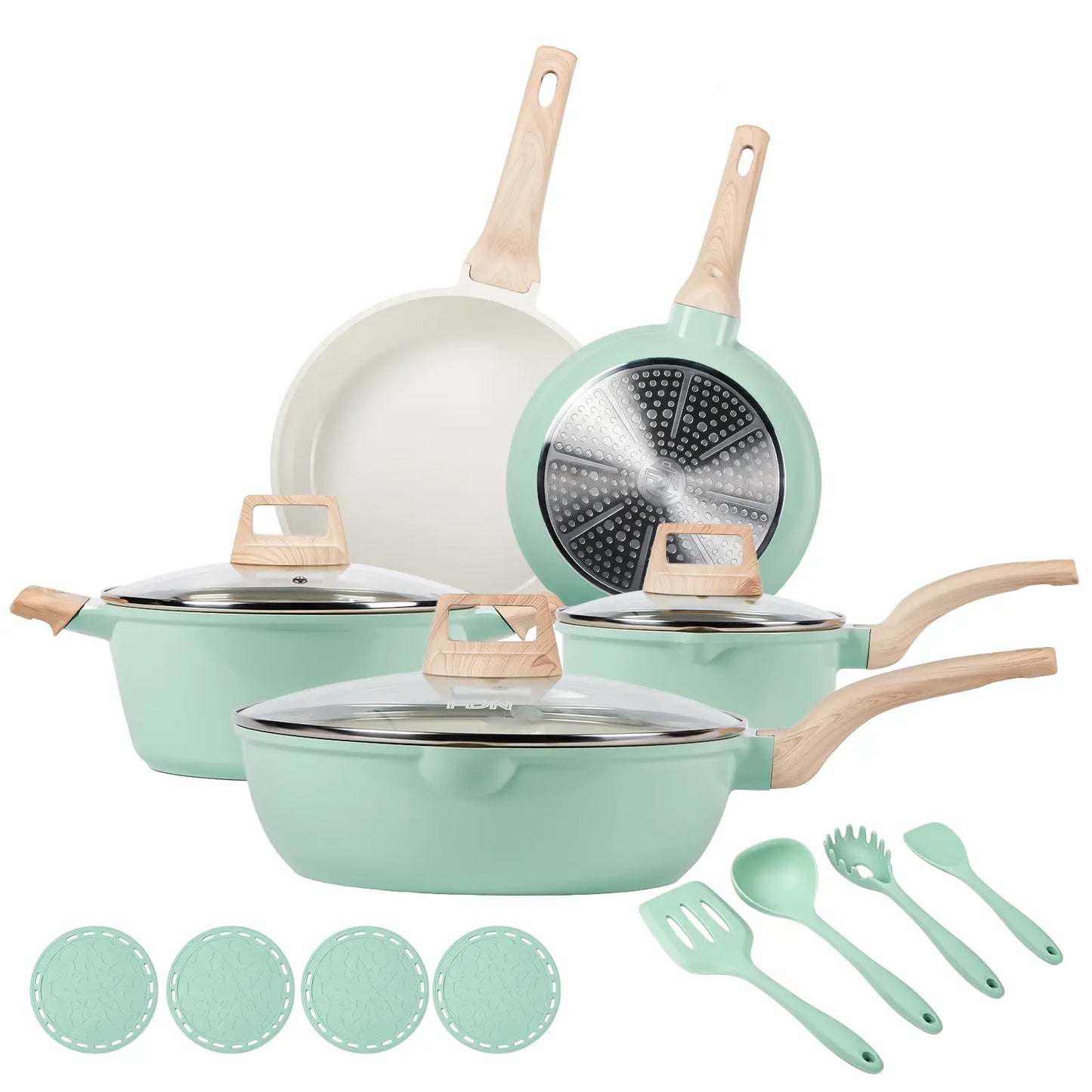 FDN 16-Piece Aesthetic Cookware Collection - Non-Toxic PFAS-Free Titanium Ceramic Granite Pots and Pans Set, Easy-Clean, Oven & Dishwasher Safe, Induction-Ready with 10" Fry Pan, Glass Lids, and Kitchen Utensils