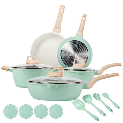 FDN 16-Piece Aesthetic Cookware Collection - Non-Toxic PFAS-Free Titanium Ceramic Granite Pots and Pans Set, Easy-Clean, Oven & Dishwasher Safe, Induction-Ready with 10" Fry Pan, Glass Lids, and Kitchen Utensils
