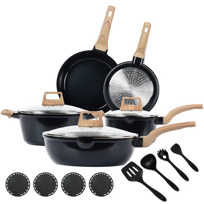 FDN 16-Piece Aesthetic Cookware Collection - Non-Toxic PFAS-Free Titanium Ceramic Granite Pots and Pans Set, Easy-Clean, Oven & Dishwasher Safe, Induction-Ready with 10" Fry Pan, Glass Lids, and Kitchen Utensils
