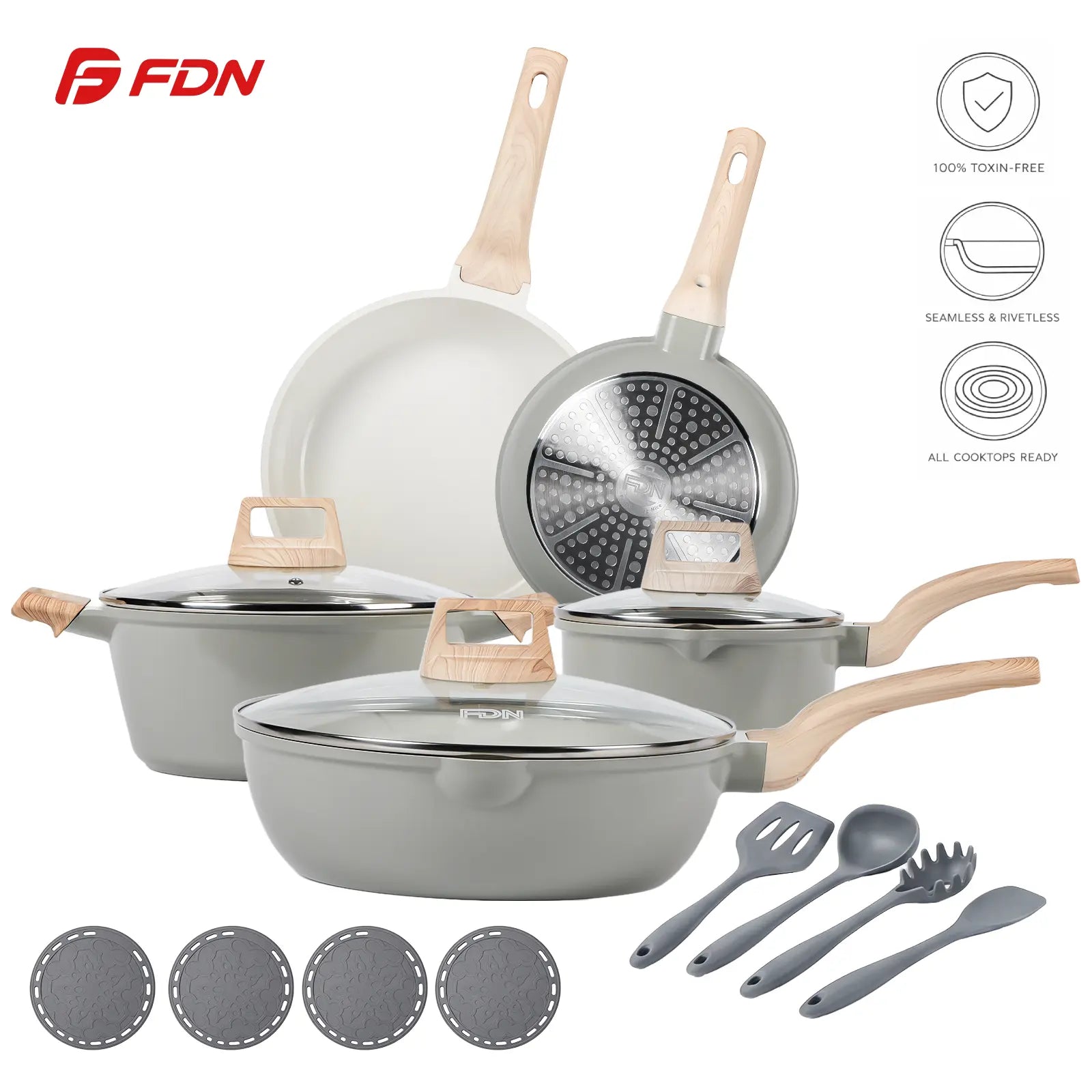 FDN 16-Piece Aesthetic Cookware Collection - Non-Toxic PFAS-Free Titanium Ceramic Granite Pots and Pans Set, Easy-Clean, Oven & Dishwasher Safe, Induction-Ready with 10" Fry Pan, Glass Lids, and Kitchen Utensils