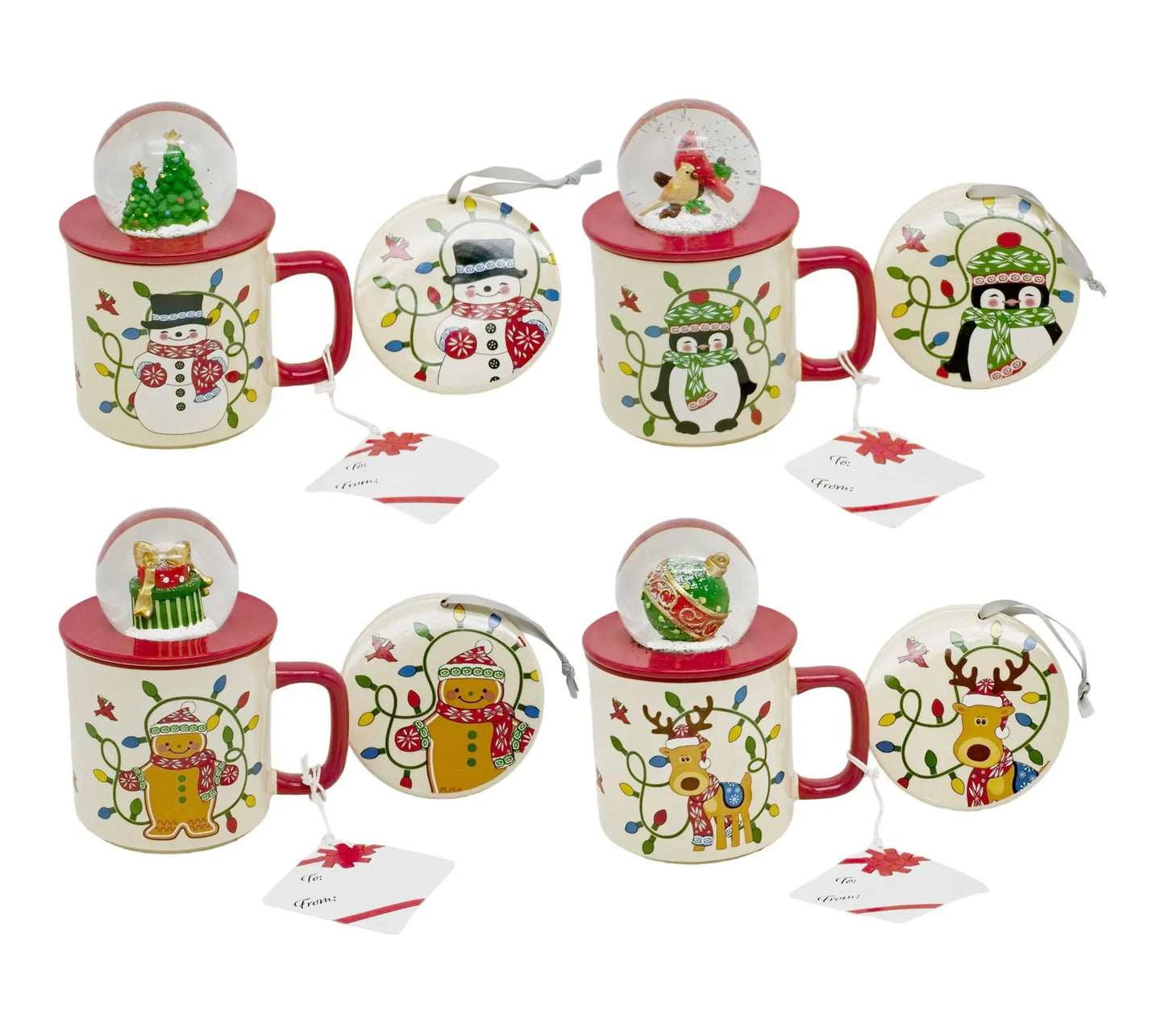 Temp-Tations Set of Four 18 oz Mugs with Snow Globe Topper and Lid