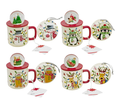 Temp-Tations Set of Four 18 oz Mugs with Snow Globe Topper and Lid