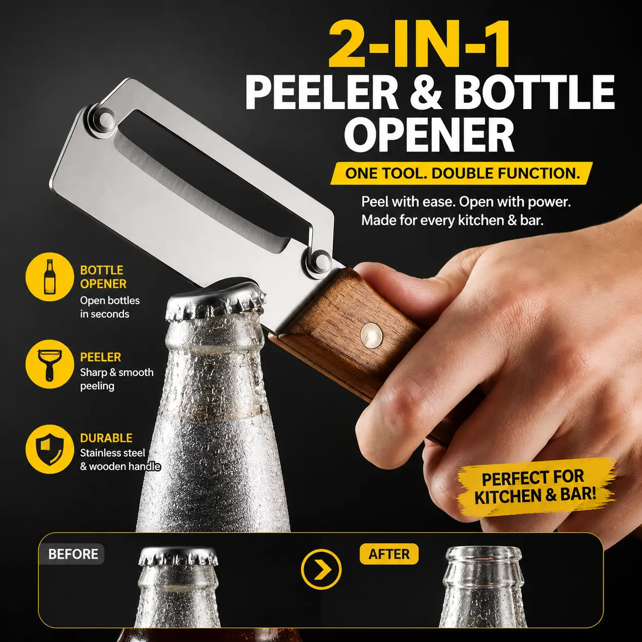 (Upgraded Thickened Version) Wood Handle Multifunction Kitchen Peeler – Peel, Slice, Scrape & Bottle Opener Tool
