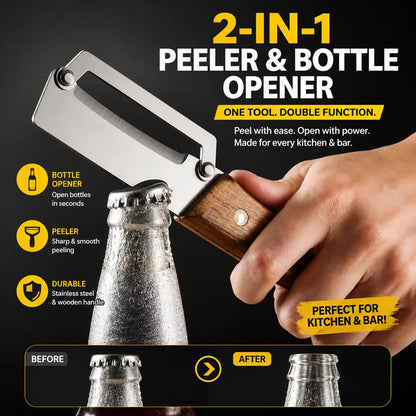 (Upgraded Thickened Version) Wood Handle Multifunction Kitchen Peeler – Peel, Slice, Scrape & Bottle Opener Tool