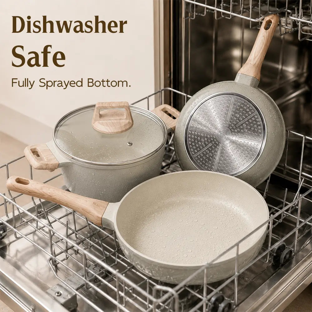 FDN 16-Piece Aesthetic Cookware Collection - Non-Toxic PFAS-Free Titanium Ceramic Granite Pots and Pans Set, Easy-Clean, Oven & Dishwasher Safe, Induction-Ready with 10" Fry Pan, Glass Lids, and Kitchen Utensils