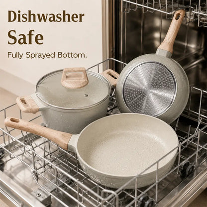 FDN 16-Piece Aesthetic Cookware Collection - Non-Toxic PFAS-Free Titanium Ceramic Granite Pots and Pans Set, Easy-Clean, Oven & Dishwasher Safe, Induction-Ready with 10" Fry Pan, Glass Lids, and Kitchen Utensils