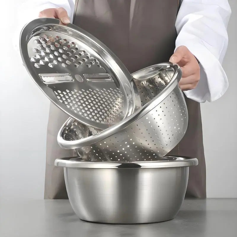 【Homeessentials】 Multifunctional Cutting Machine,3-In-1 Stainless Steel Multi-Functional Strainer Set, Includes Basin/Sieve/Cutter, Ideal for Washing Rice Fruits Vegetables Kitchen Essentials.