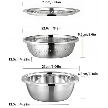 【Homeessentials】 Multifunctional Cutting Machine,3-In-1 Stainless Steel Multi-Functional Strainer Set, Includes Basin/Sieve/Cutter, Ideal for Washing Rice Fruits Vegetables Kitchen Essentials.