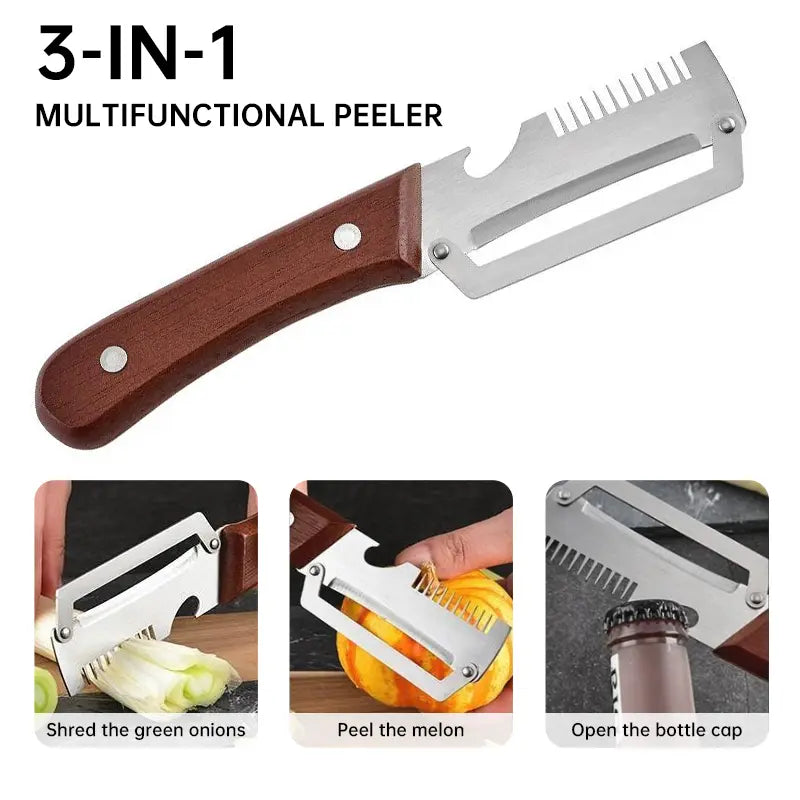 (Upgraded Thickened Version) Wood Handle Multifunction Kitchen Peeler – Peel, Slice, Scrape & Bottle Opener Tool