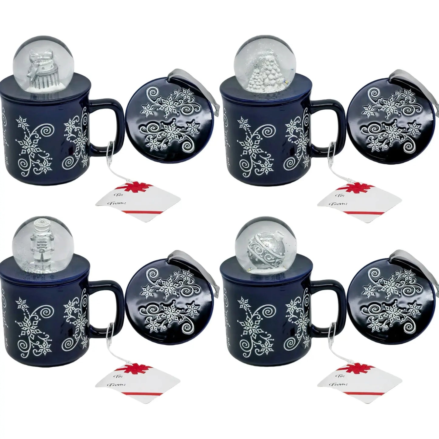 Temp-Tations Set of Four 18 oz Mugs with Snow Globe Topper and Lid