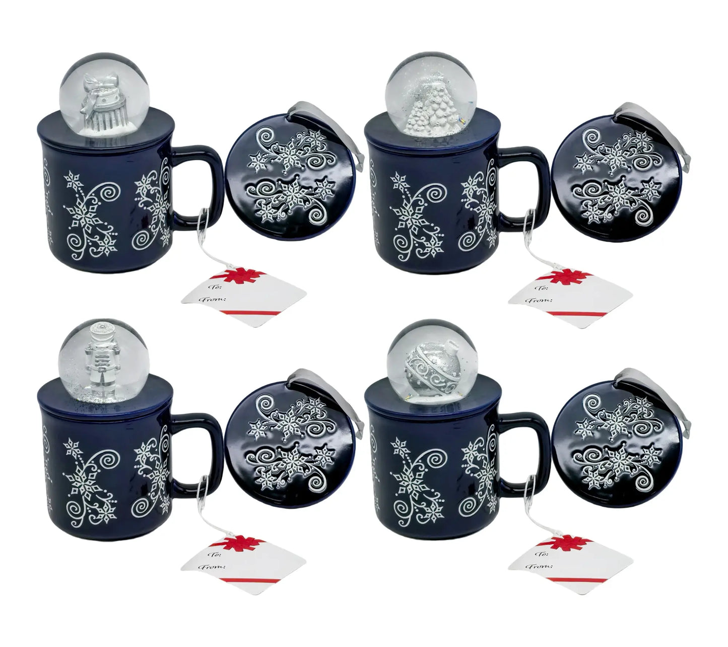 Temp-Tations Set of Four 18 oz Mugs with Snow Globe Topper and Lid