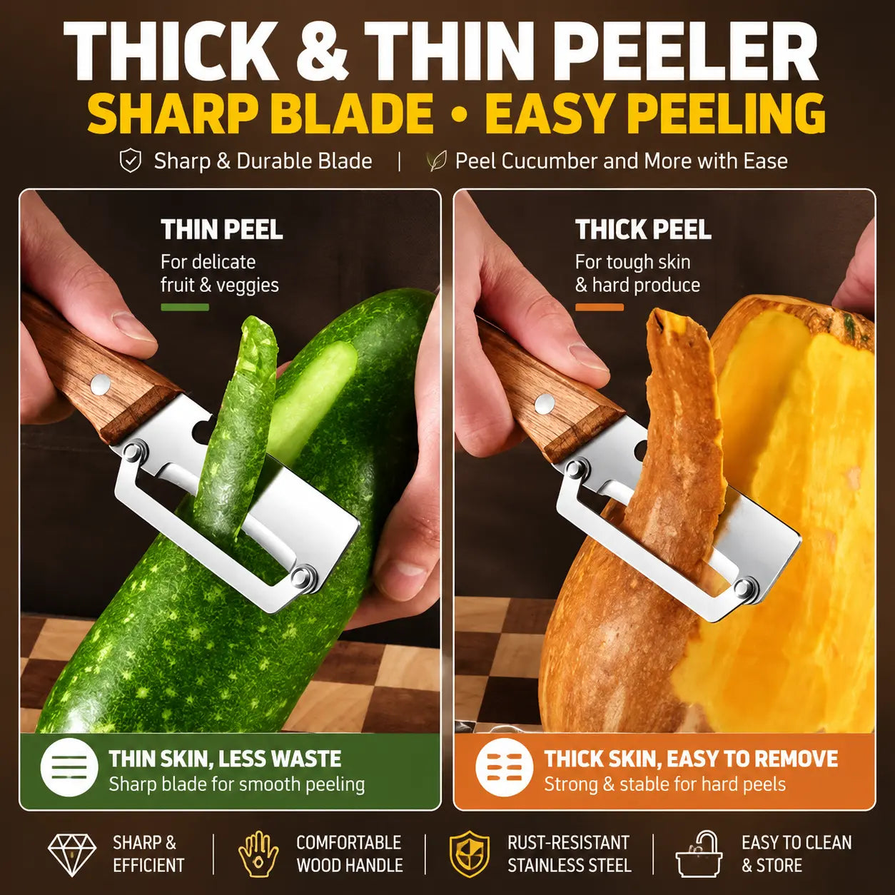 (Upgraded Thickened Version) Wood Handle Multifunction Kitchen Peeler – Peel, Slice, Scrape & Bottle Opener Tool