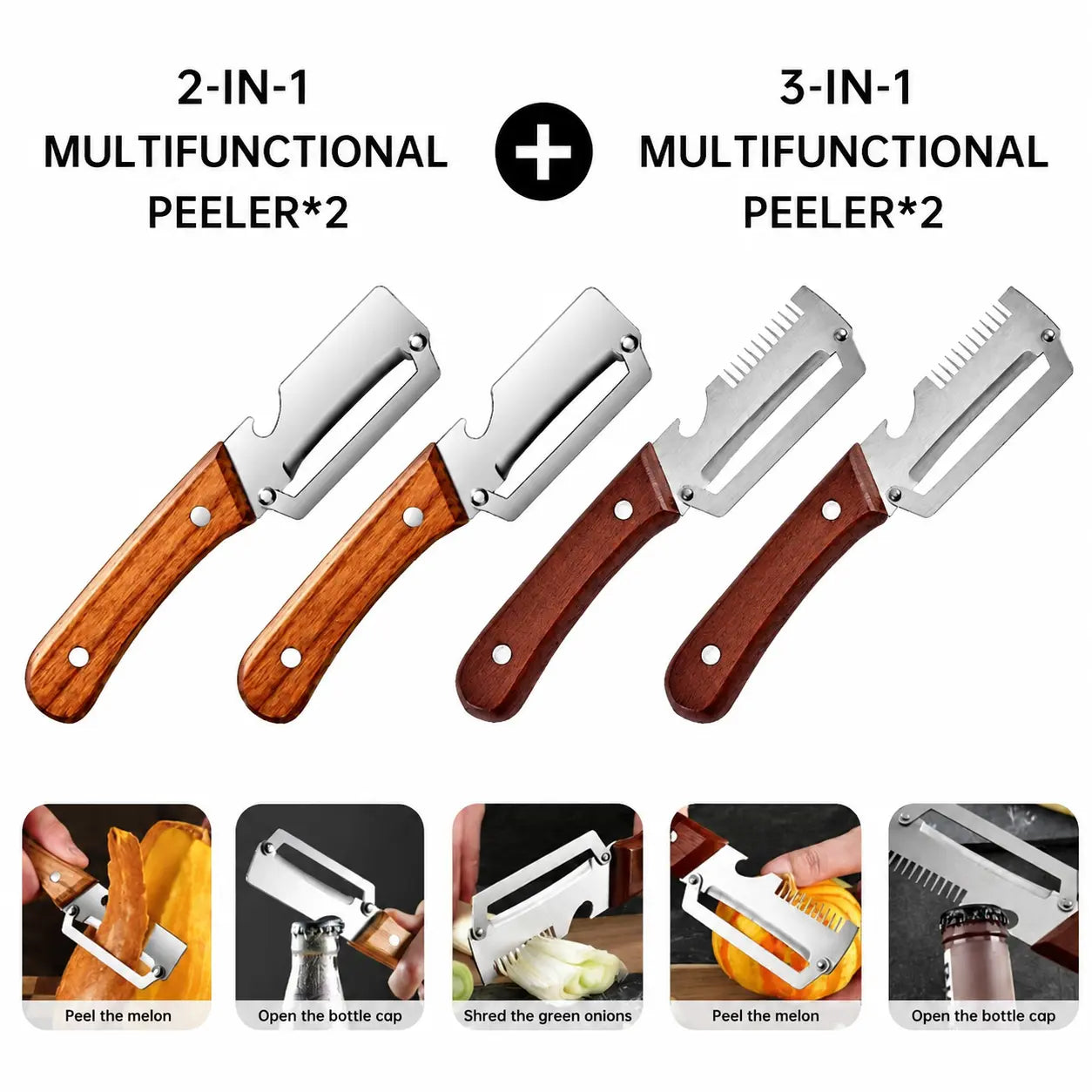 (Upgraded Thickened Version) Wood Handle Multifunction Kitchen Peeler – Peel, Slice, Scrape & Bottle Opener Tool