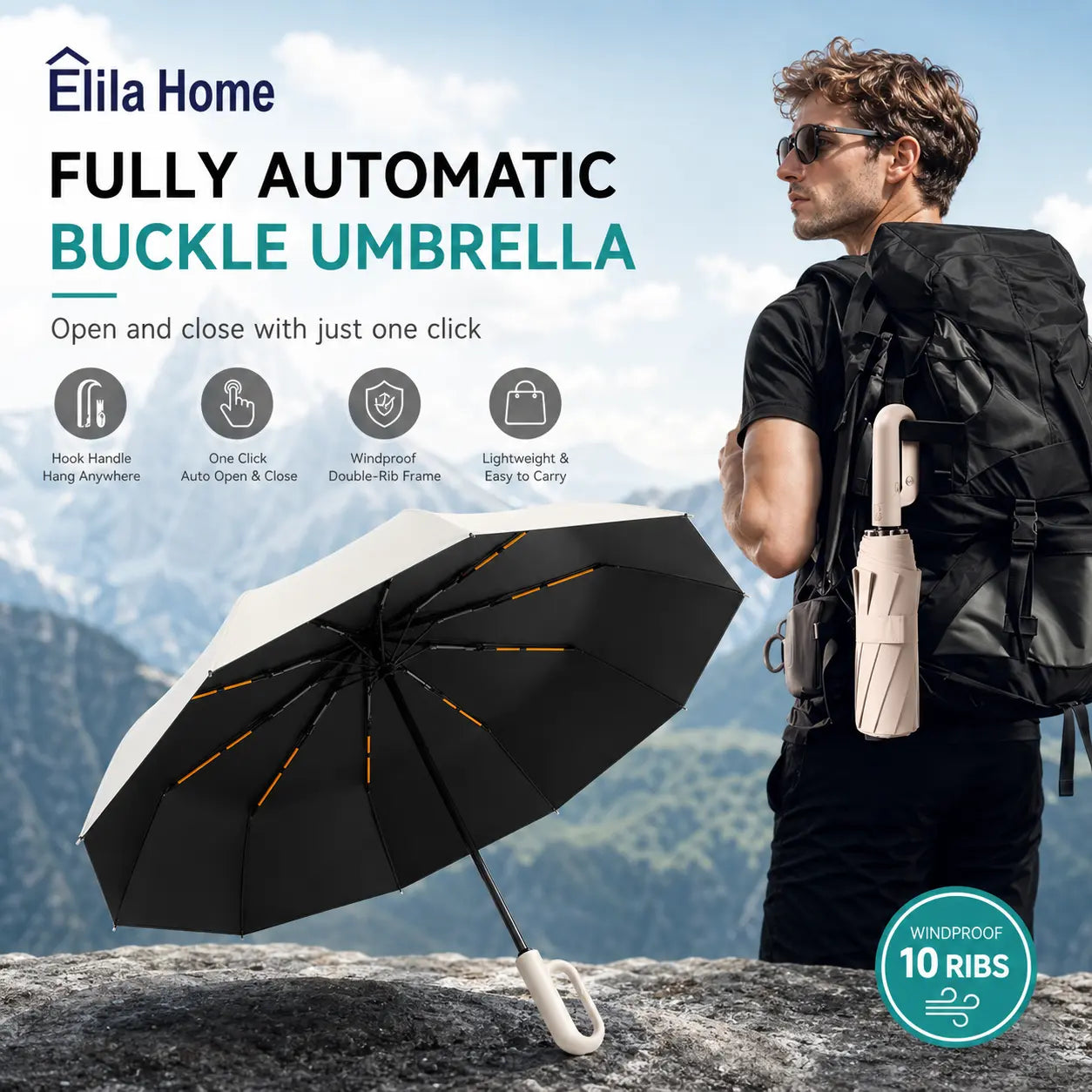 Automatic Folding Umbrella, 1 Count Windproof Waterproof Travel Umbrella, Portable Compact Auto Open Close Rain Umbrella for Men & Women, Reinforced Wind Resistant Umbrella for Travel Outdoor Daily Use