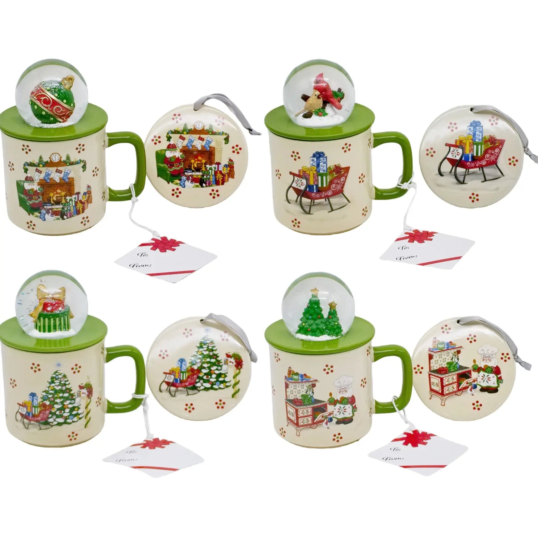 Temp-Tations Set of Four 18 oz Mugs with Snow Globe Topper and Lid