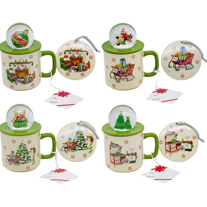Temp-Tations Set of Four 18 oz Mugs with Snow Globe Topper and Lid