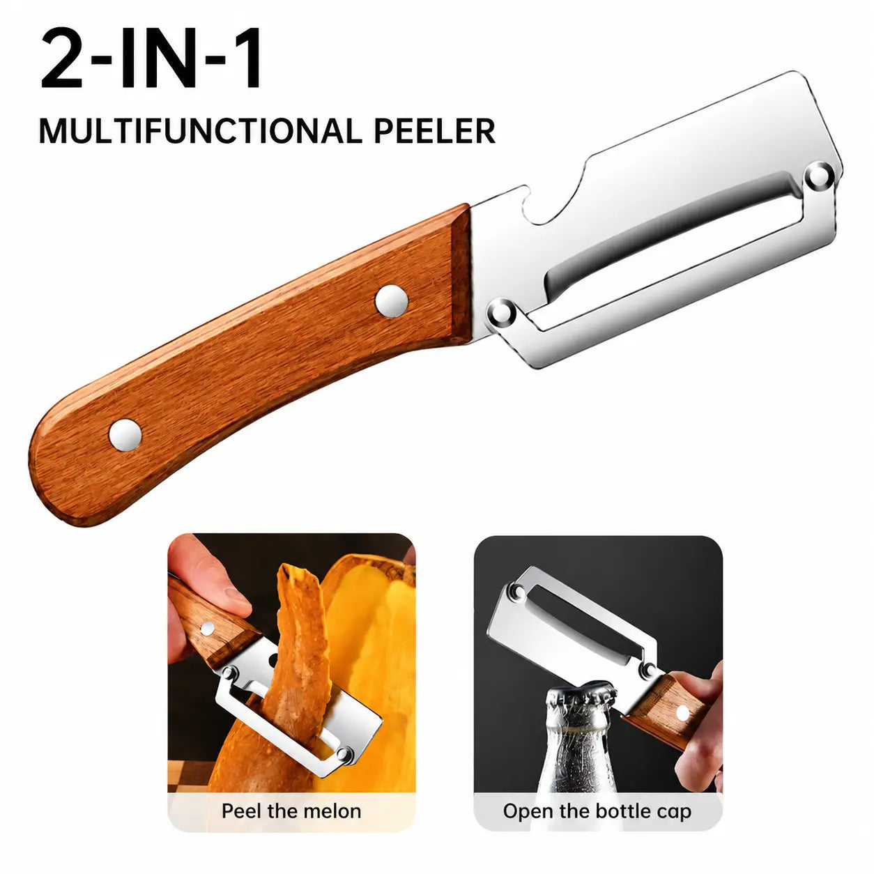 (Upgraded Thickened Version) Wood Handle Multifunction Kitchen Peeler – Peel, Slice, Scrape & Bottle Opener Tool
