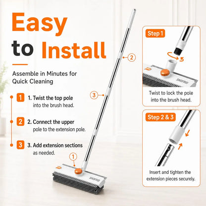 Snofrid Floor Scrub Brush, 3 in 1 Floor Scrub Brush with 54-In Adjustable Long Handle and Scraper Heavy Duty Stiff Bristle Floor Scrubber for Cleaning Shower Bathroom Kitchen Patio Garage Pool Wall and Deck, Orange&White